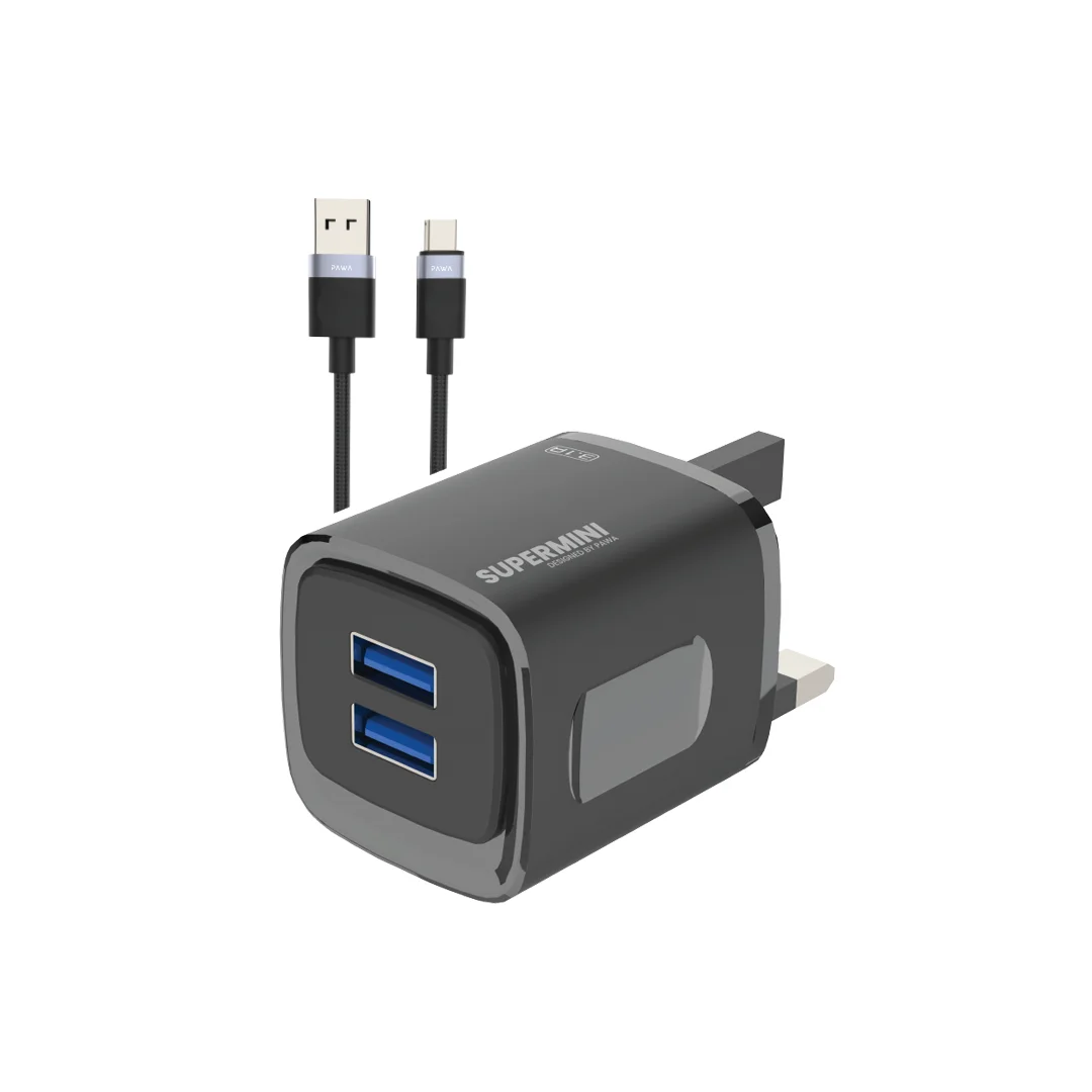 PAWA SUPER MINI TRAVEL CHARGER DUAL USB ADAPTER WITH C CABLE