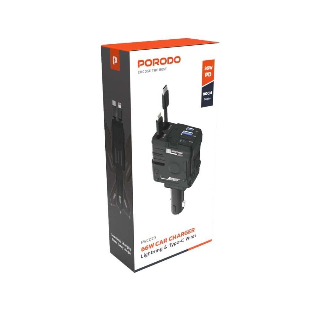 Porodo 66w Car Charger Lightning & Type-c Wires