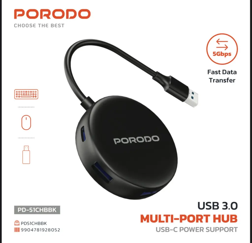 Porodo USB 3.0 Multi-Port Hub-Black