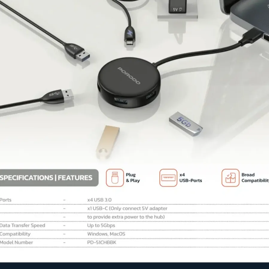 Porodo USB 3.0 Multi-Port Hub-Black
