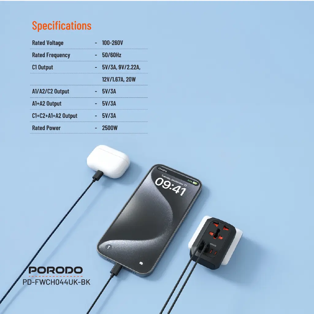 Porodo Universal AC Adapter Multi-Device Charging UK Plug-BLACK