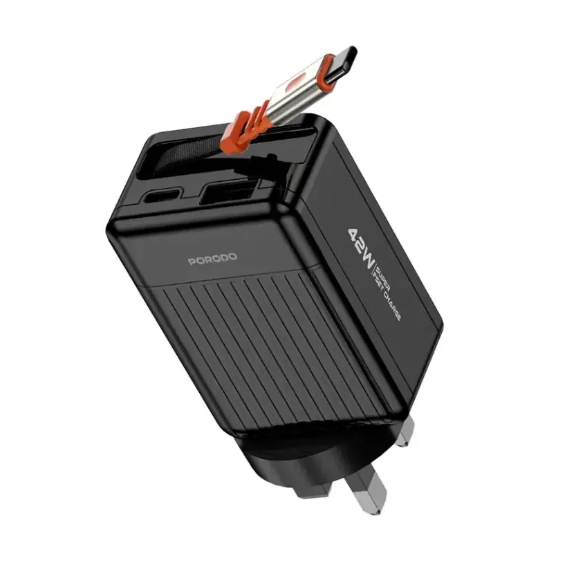 Porodo 75cm Retractable Type-C Super Quick GaN Charger-Black