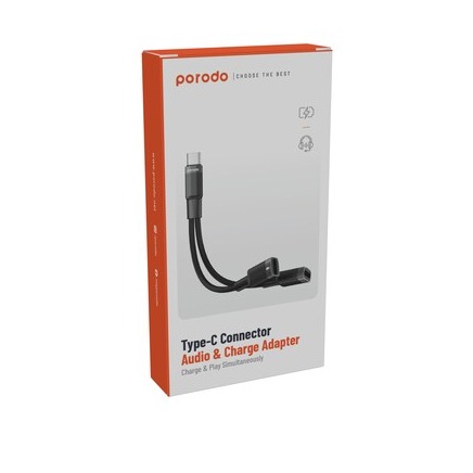Porodo Type-C Connector Audio & Charge Adapter(0.12m)-Black