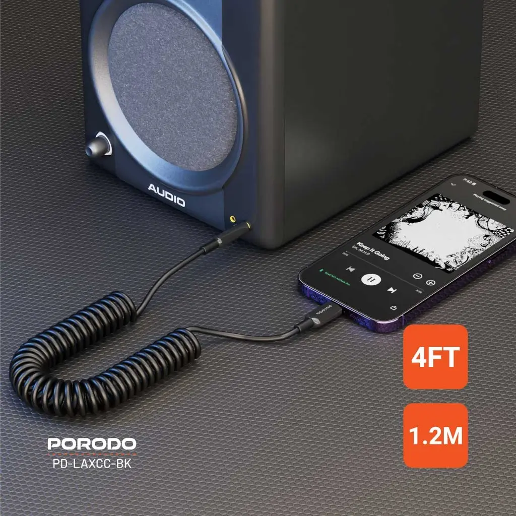 PORODO 3.5MM LIGHTNING AUX COILED AUDIO CABLE