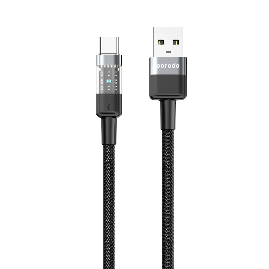 PORODO BRAIDED CABLE 3A PD A TO C FAST CHARGING CABLE WITH TRANSPARENT HEAD 1.2M - BLACK