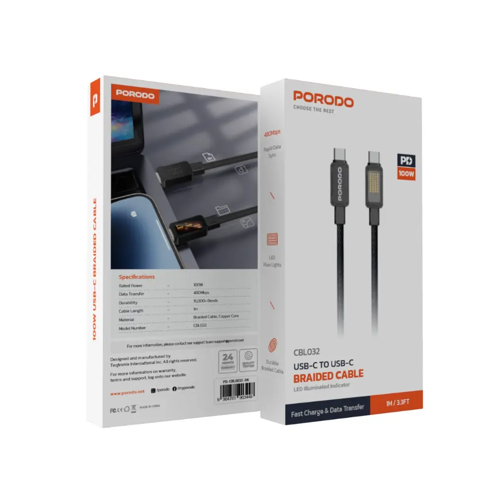 PORODO USB-C TO USB-C 1M BRAIDED CABLE 100W