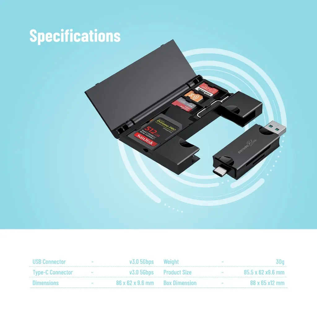 PORODO BLUE 2 IN 1 CARD READER WITH CARD HOLDER