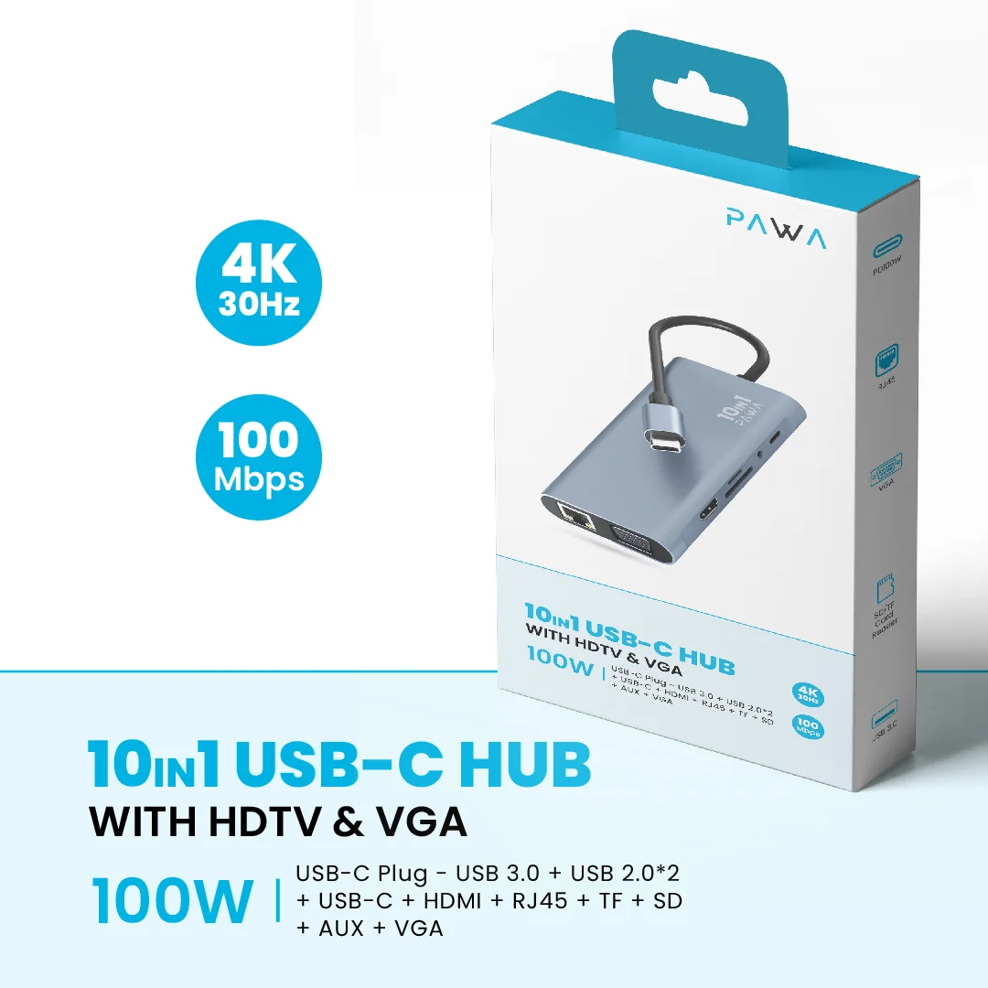 PAWA 10 IN 1 USB-C HUB WITH HDTV & VGA 100W