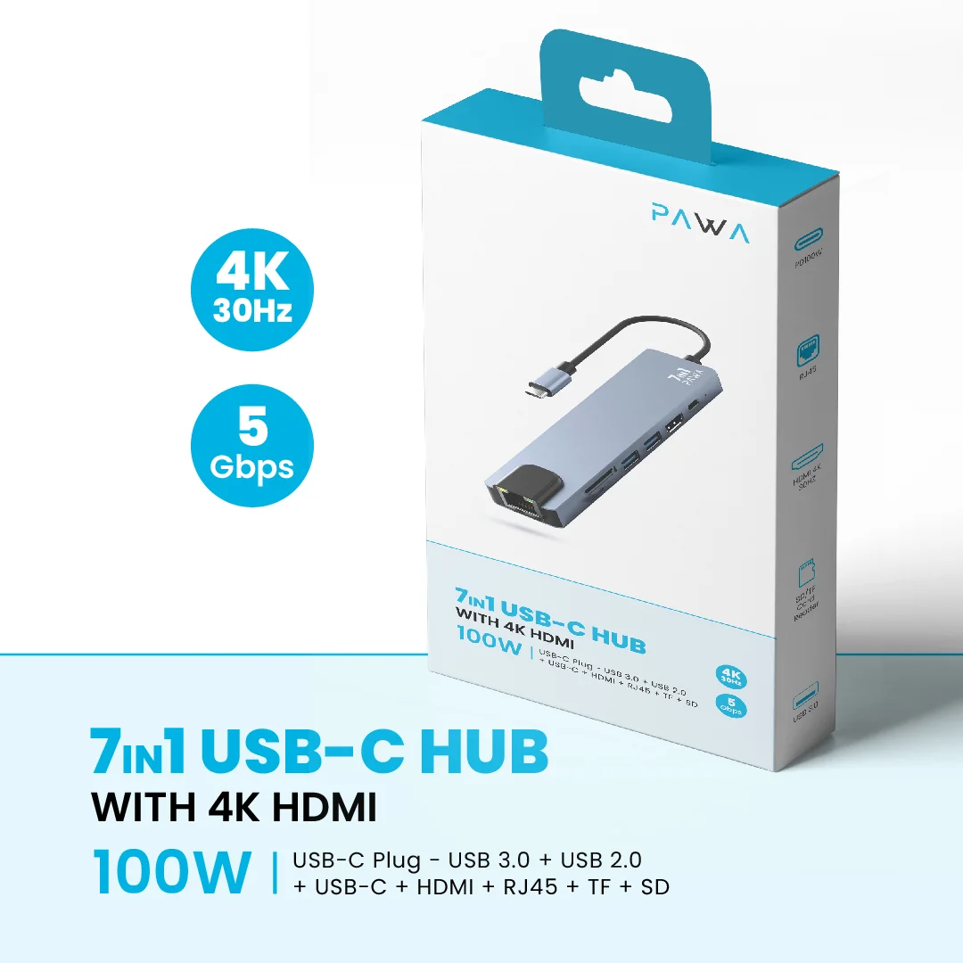 PAWA 7 IN 1 USB-C HUB WITH 4K HDMI 100W