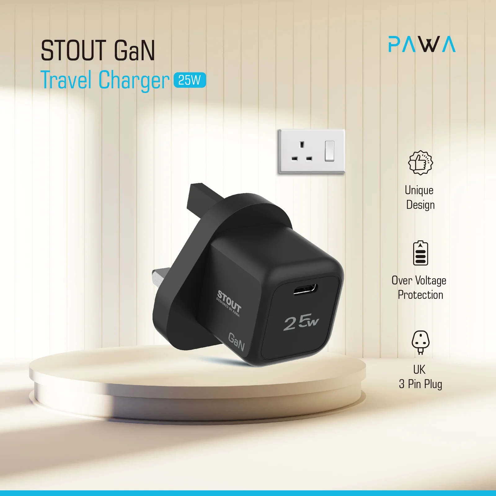 PAWA STOUT GAN TRAVEL CHARGER WITH SINGLE PD PORT 25W