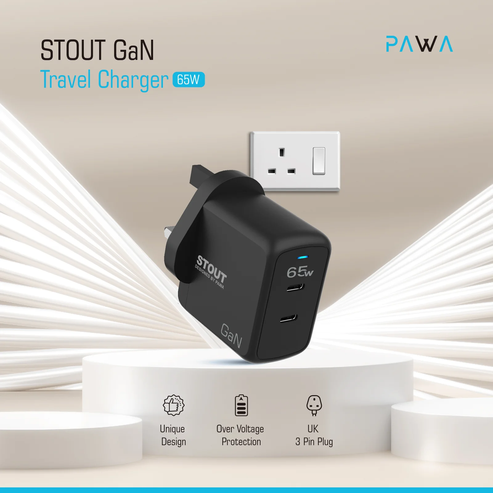 PAWA STOUT GAN TRAVEL CHARGER WITH DUAL PORT PD PORT 65W