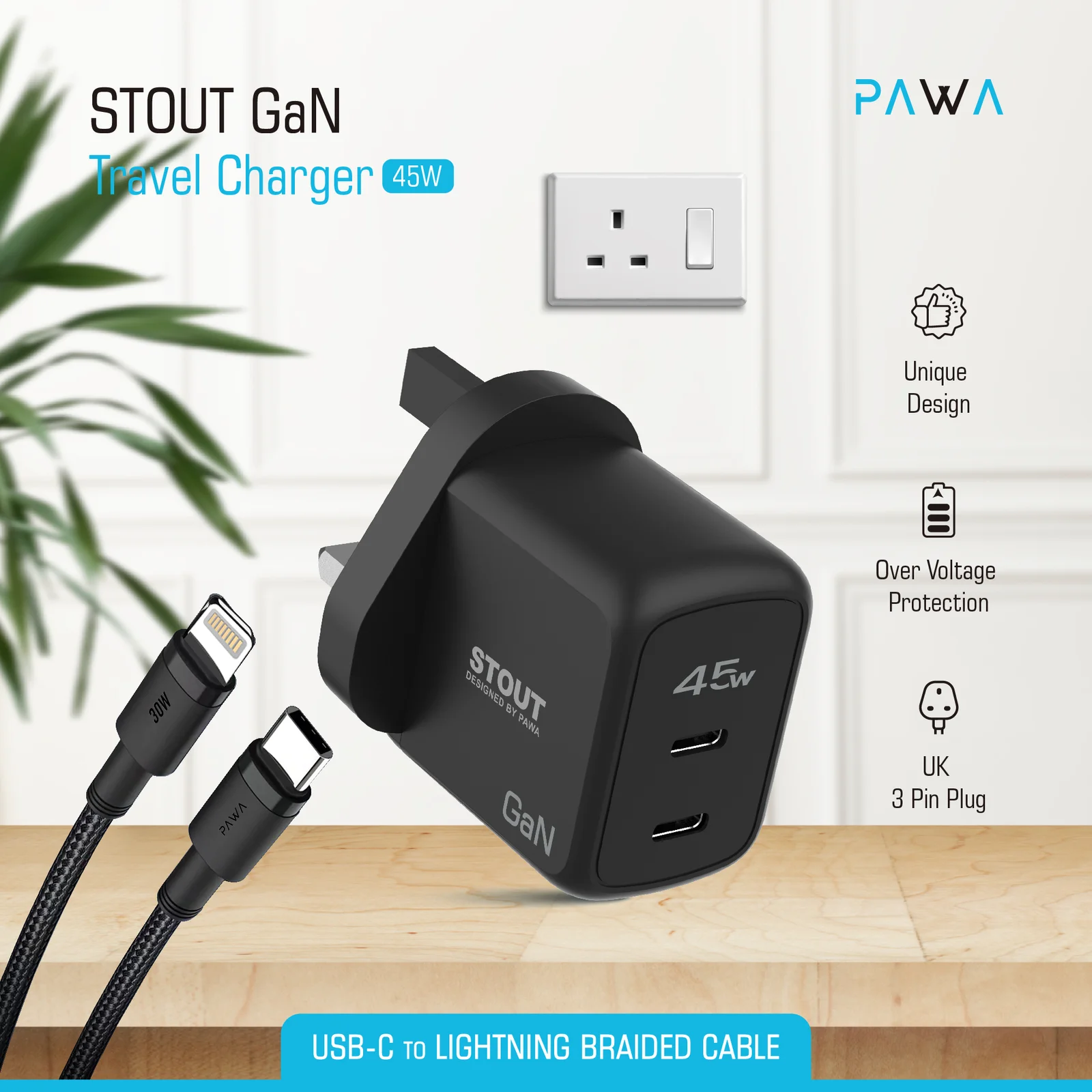 PAWA STOUT GAN TRAVEL CHARGER WITH DUAL PD PORT 45W C-L